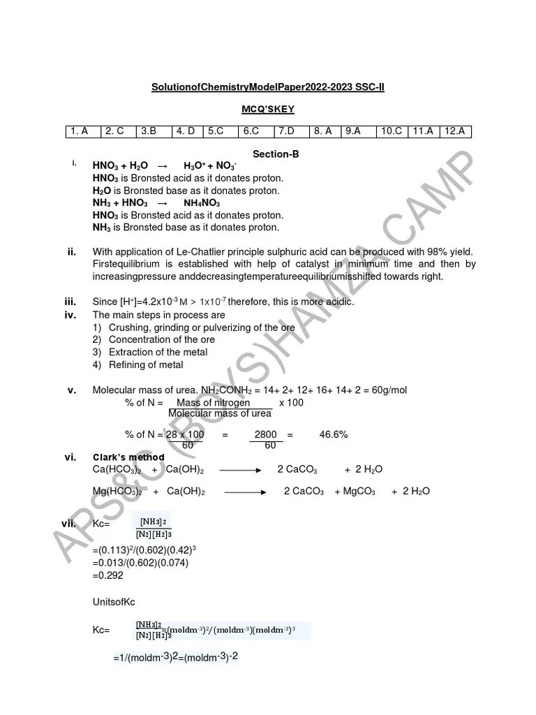 KEY Chemistry SSC-II Solution Model Paper I 28-02-23 | Download Free PDF | Ammonia | Nature