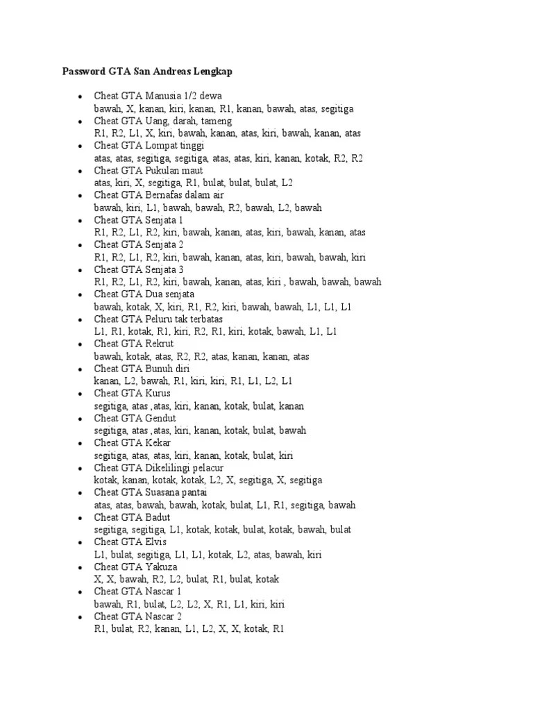 Password GTA San Andreas Lengkap | PDF