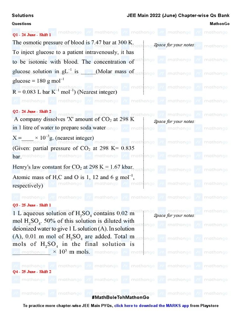 Solutions - JEE Main 2022 Chapter Wise Questions By MathonGo PDF | PDF