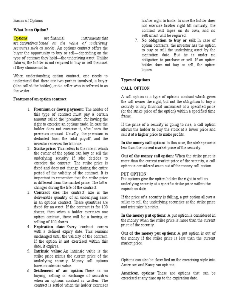 Basics Of Options | PDF | Option (Finance) | Put Option