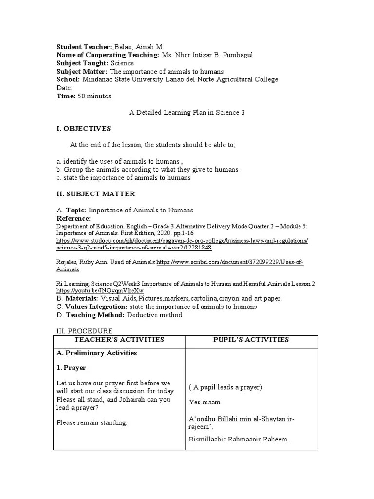 Detailed Lesson Plan SCIENCE | PDF | Pet | Meat