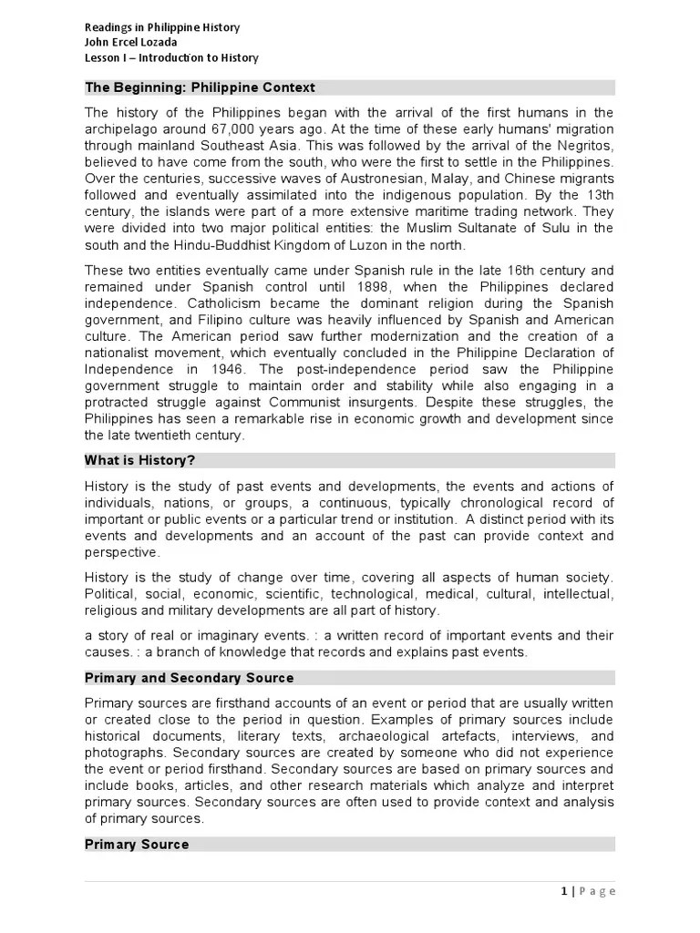Readings In The Philippine History - Lesson 1 | PDF | Primary Sources ...