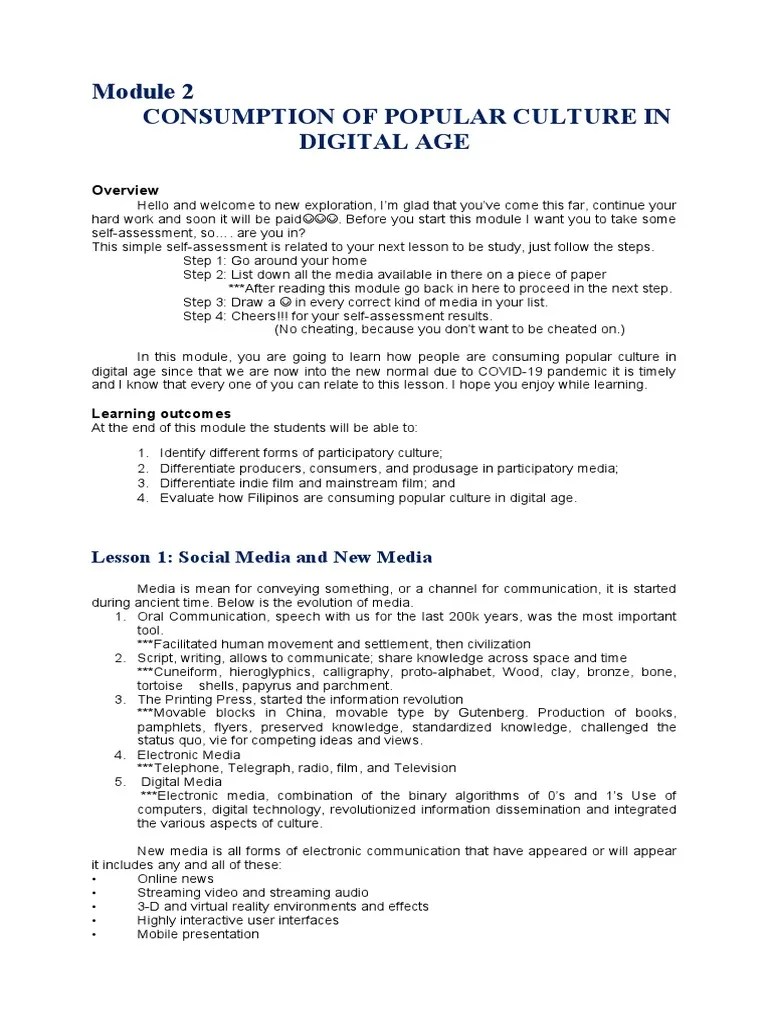 Module II Consumption Of Popular Culture In Digital Age | PDF | Fandom | Communication