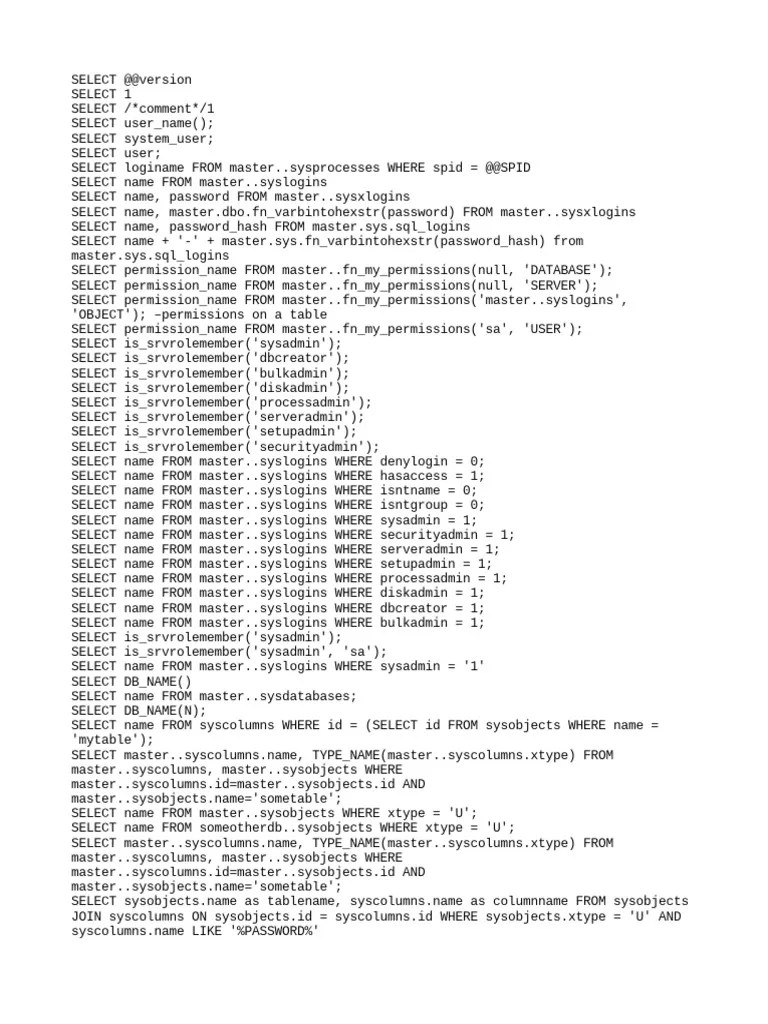 MSSQL Injection Cheat Sheet | PDF | Security | Cyberwarfare