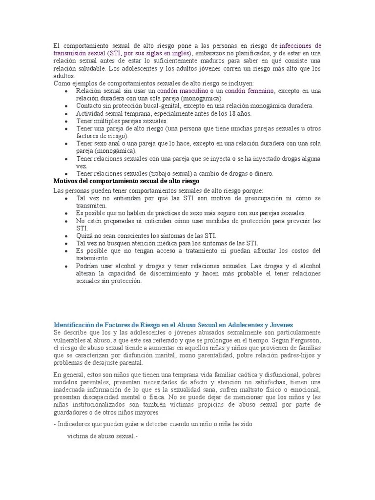 El Comportamiento Sexual De Alto Riesgo Pone A Las Personas En Riesgo De | PDF | Violación ...