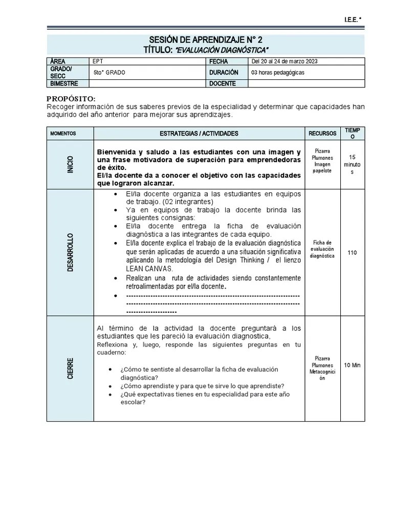 SESIÓN DE APRENDIZAJE De Evaluacion Diagnostica | PDF | Evaluación | Cognición
