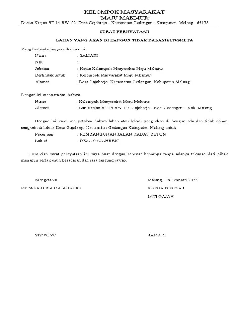 Surat Pernyataan Tidak Sengketa | PDF