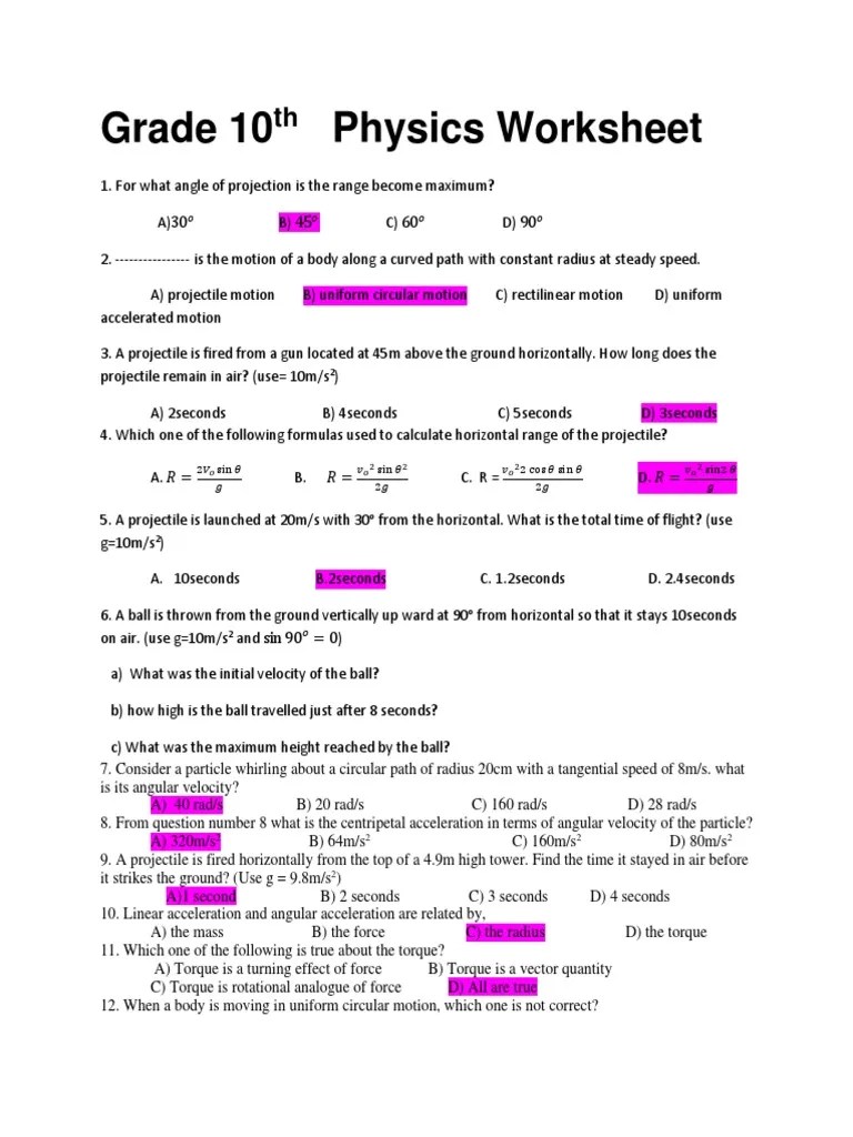 Grade 10 Physics Worksheet | PDF | Torque | Acceleration