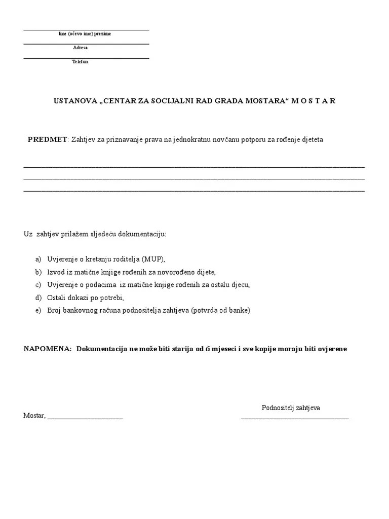 Zahtjev Za Priznavanje Prava Na Novčanu Potporu Za Rođenje Djeteta. | PDF