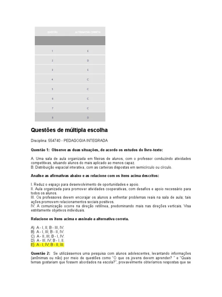 PEDAGOGIA INTEGRADA - Gabarito 9 | PDF | Pedagogia | Aprendizado