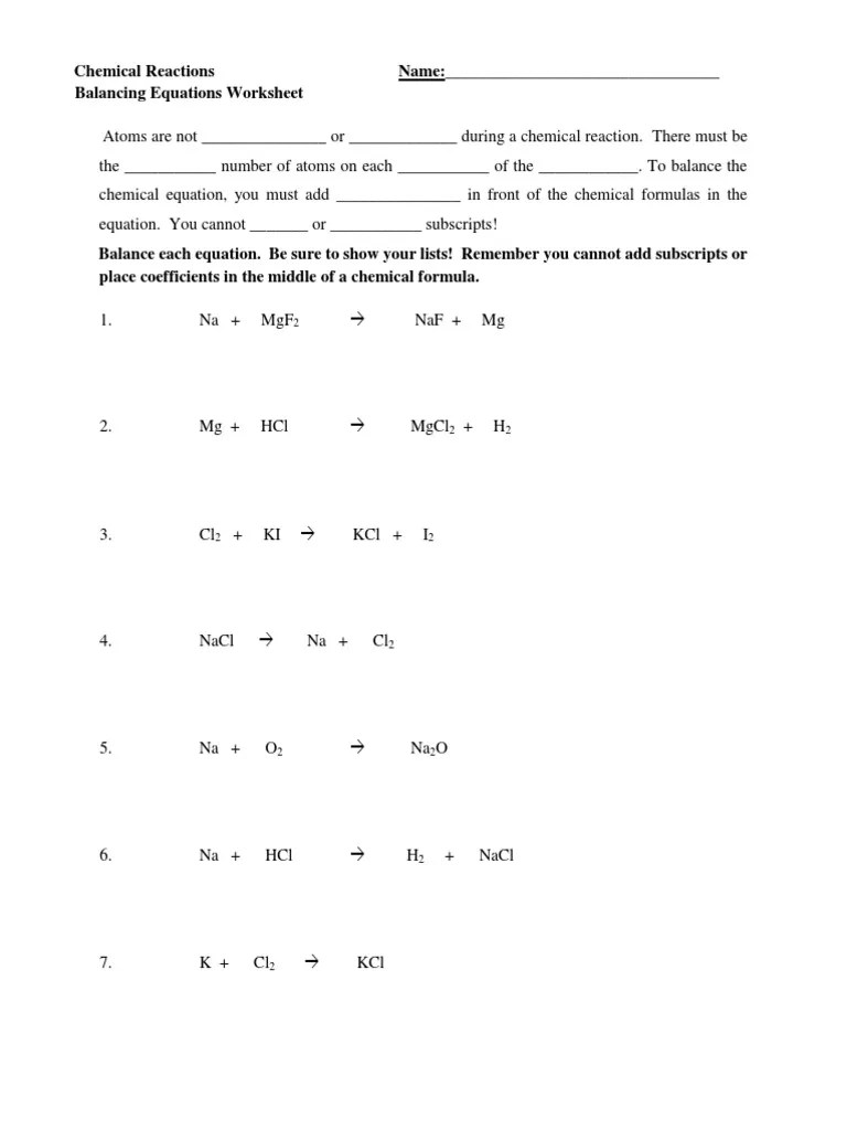 Balancing chemical equations worksheet
