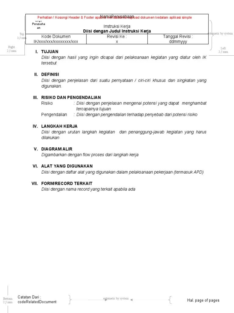 FP - Smi - Sym - 004 - R0 - 01012018 Template Instruksi Kerja | PDF