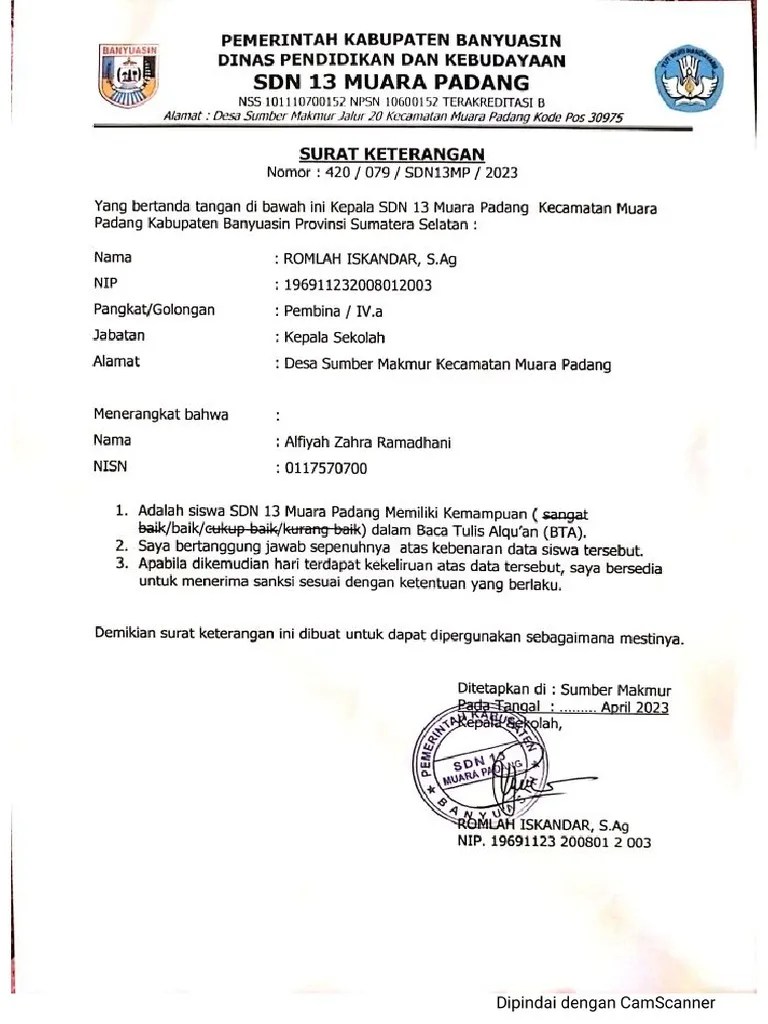 Surat Keterangan BTA Zahra | PDF