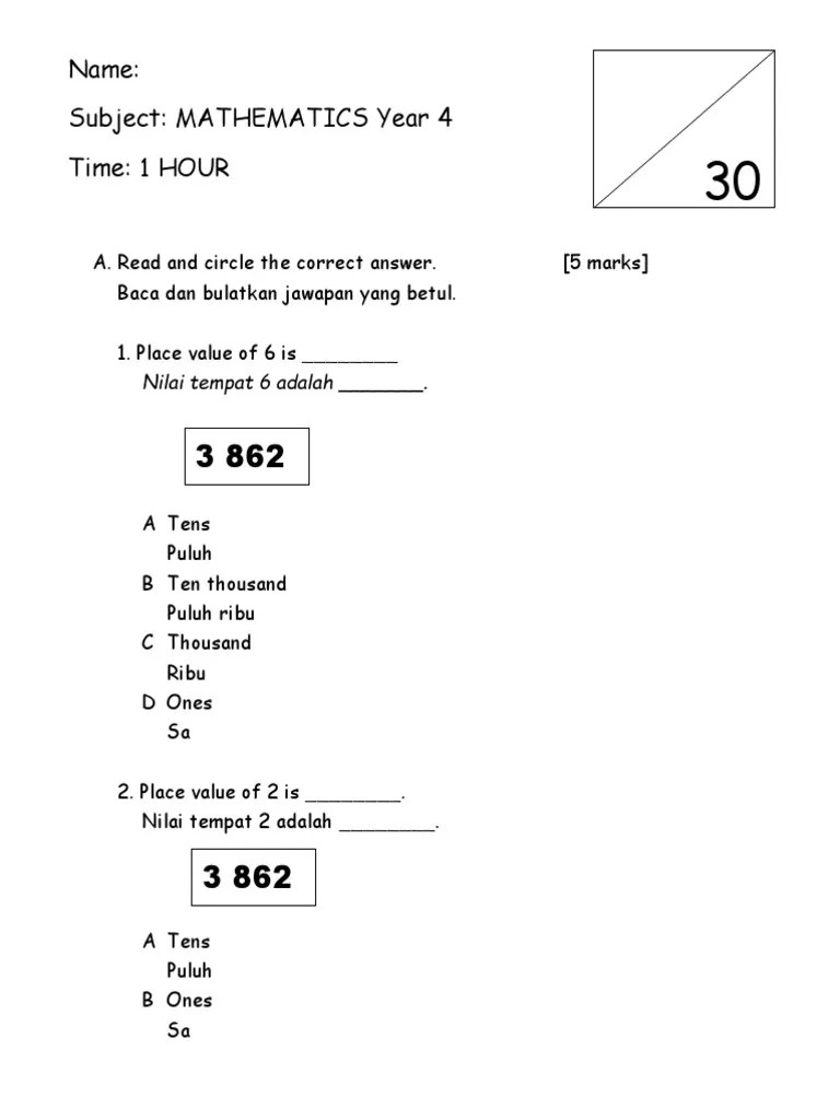 Mathematics Exam Paper Year 4 2021 | PDF | Percentage | Naming Conventions