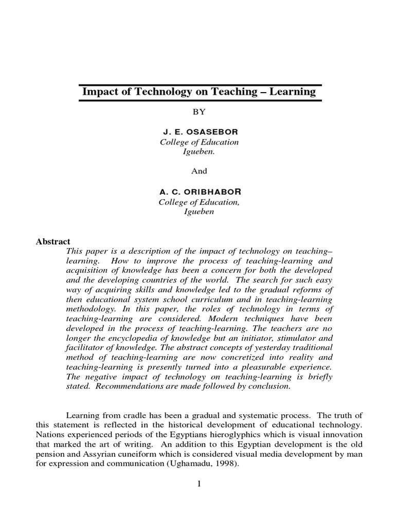 Impact Of Technology On Teaching - Learning | PDF | Educational ...