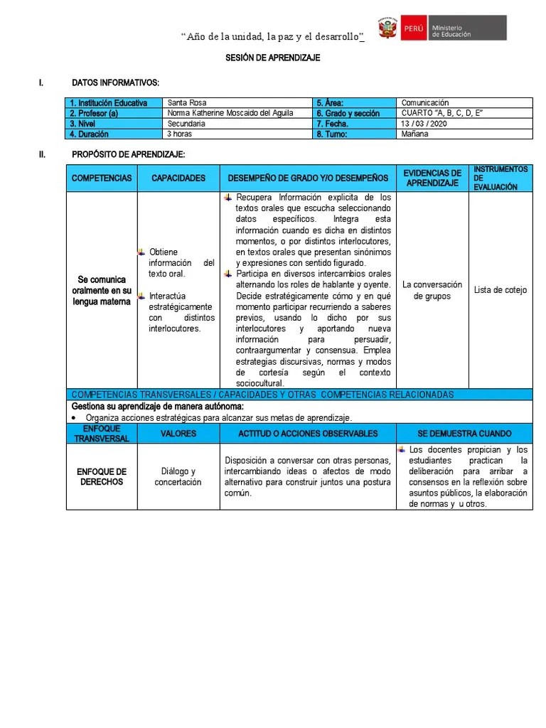 1 Sesion De Aprendizaje 4° | Descargar Gratis PDF | Evaluación | Aprendizaje