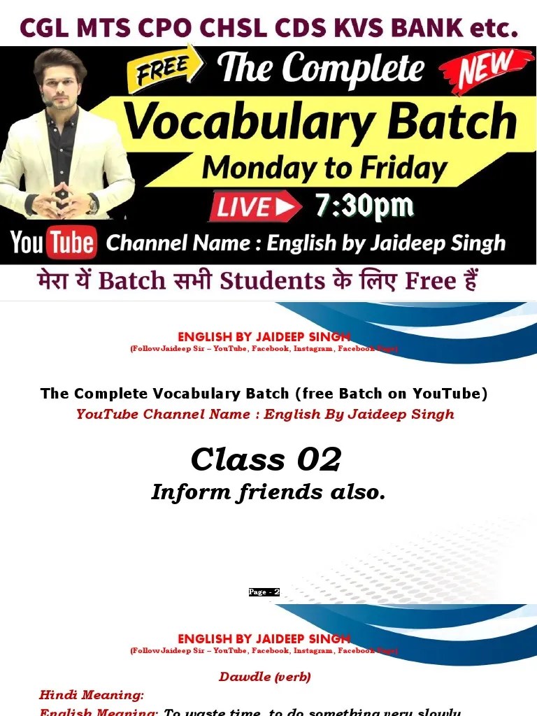 CLASS 02 VOCAB BATCH Jaideep Sir | PDF | Adjective | Extraversion And Introversion
