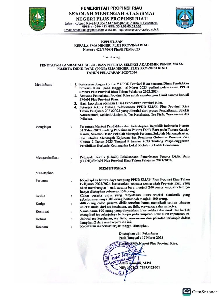 Surat Pengumuman Penetapan Penambahan Kelulusan Peserta PPDB SMAN Plus Prov. Riau TP. 2023 2024 ...