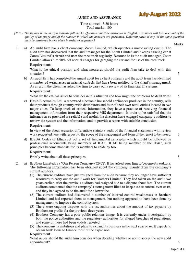 Audit And Assurance - JA-2022 - Question | PDF | Going Concern | Audit