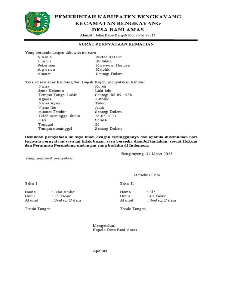 Surat Keterangan Kematian Dari Desa | PDF