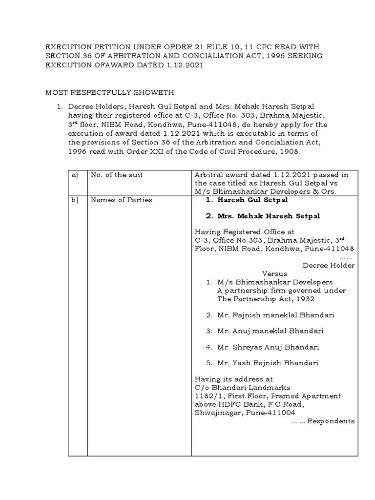 Execution Petition Under Order 21 Rule 10 | PDF | Justice | Crime & Violence
