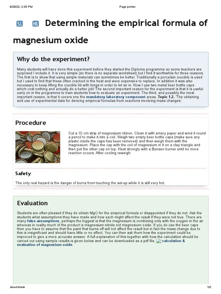 Magnesium Oxide Empirical Formula Lab Investigation | PDF | Magnesium | Experiment