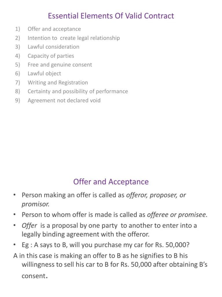 Essential Elements Of Valid Contract | Download Free PDF | Offer And Acceptance | Consideration