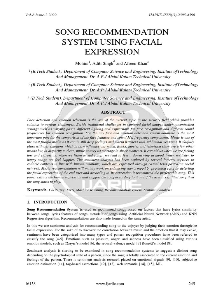 SONG RECOMMENDATION SYSTEM USING FACIAL EXPRESSION Ijariie16138 | PDF | Machine Learning | Cognition