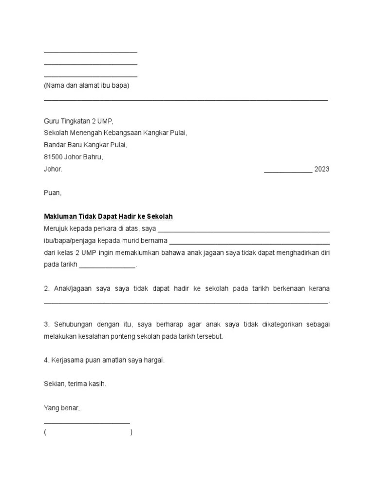 Template Surat Tidak Hadir Sekolah | PDF
