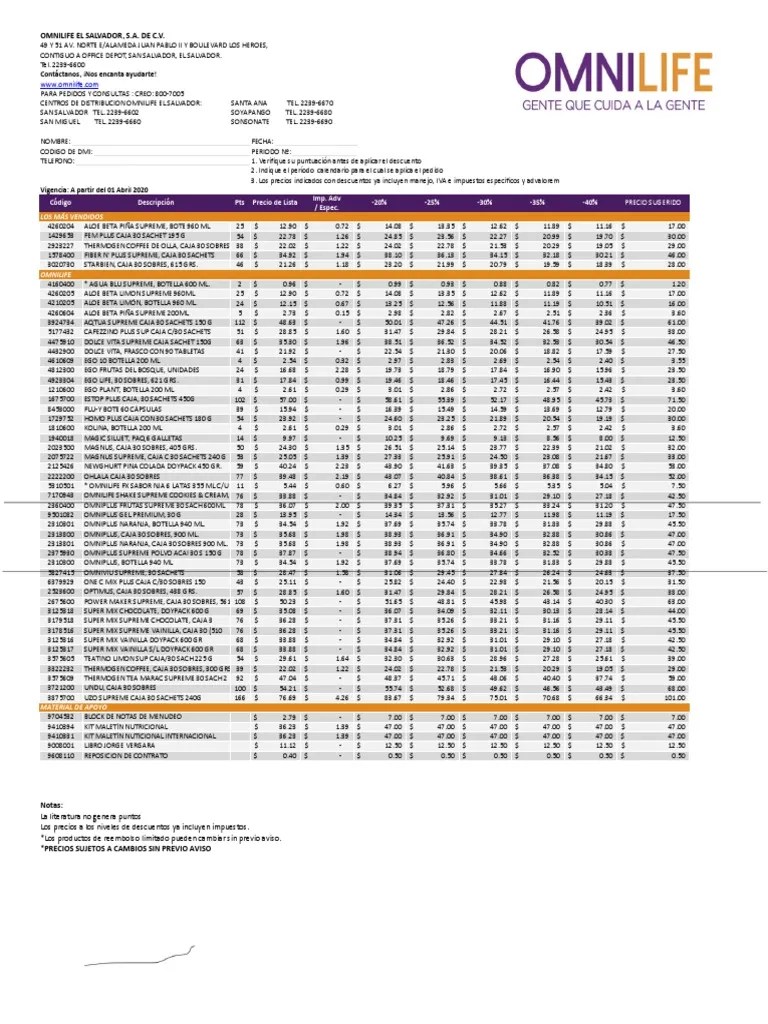 Lista De Precios EmpresarioOmnilife | PDF