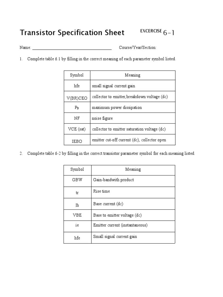 Transistor Specification Sheet - EXCERCISE 6 | PDF | Bipolar Junction Transistor | Information ...