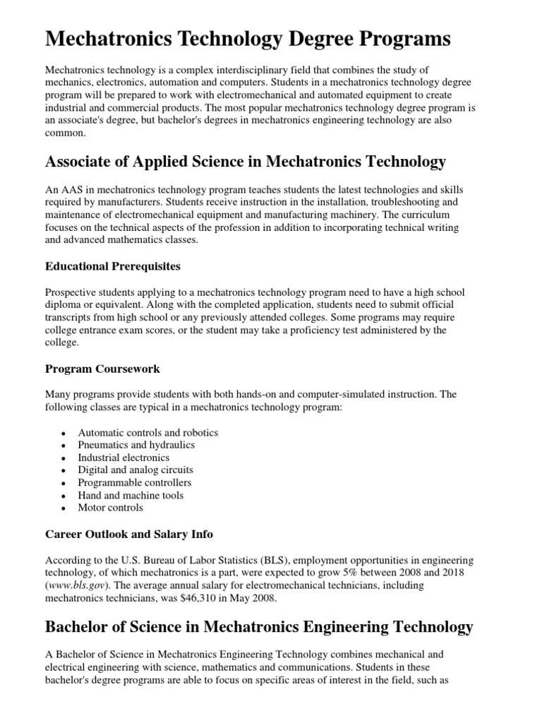 Mechatronics Technology Degree Programs Academic Degree