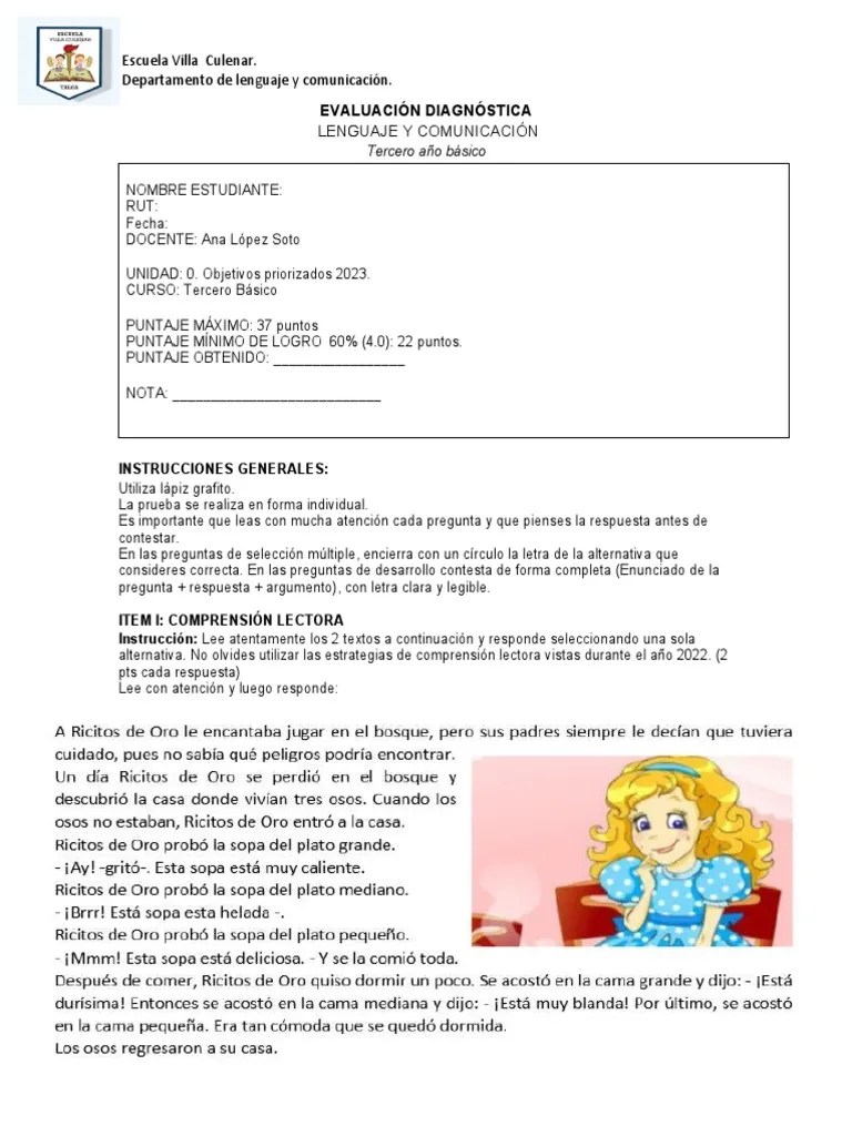 Evaluación Diagnóstica LENGUAJE Y COMUNICACIÓN. 3ros | PDF | Lingüística