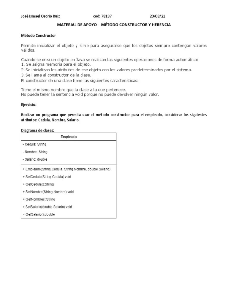 MÉTODO CONSTRUCTOR Y HERENCIA Java | PDF | Herencia (Programación ...