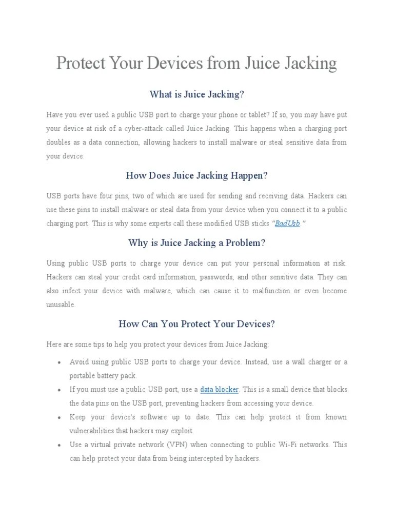 Protect Your Devices From Juice Jacking | PDF | Malware | Usb