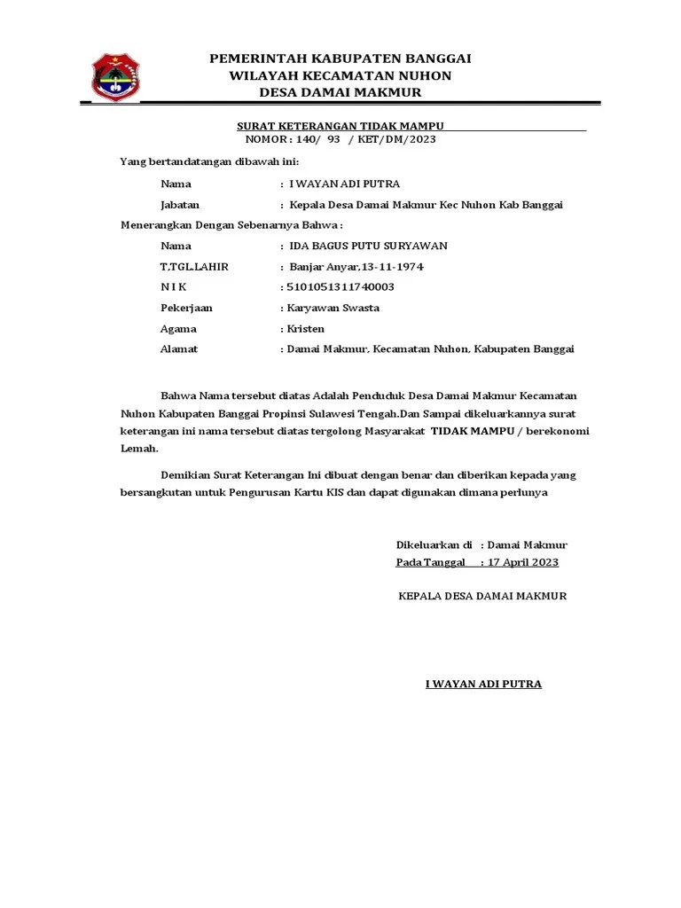 Surat Keterangan Tidak Mampu | PDF