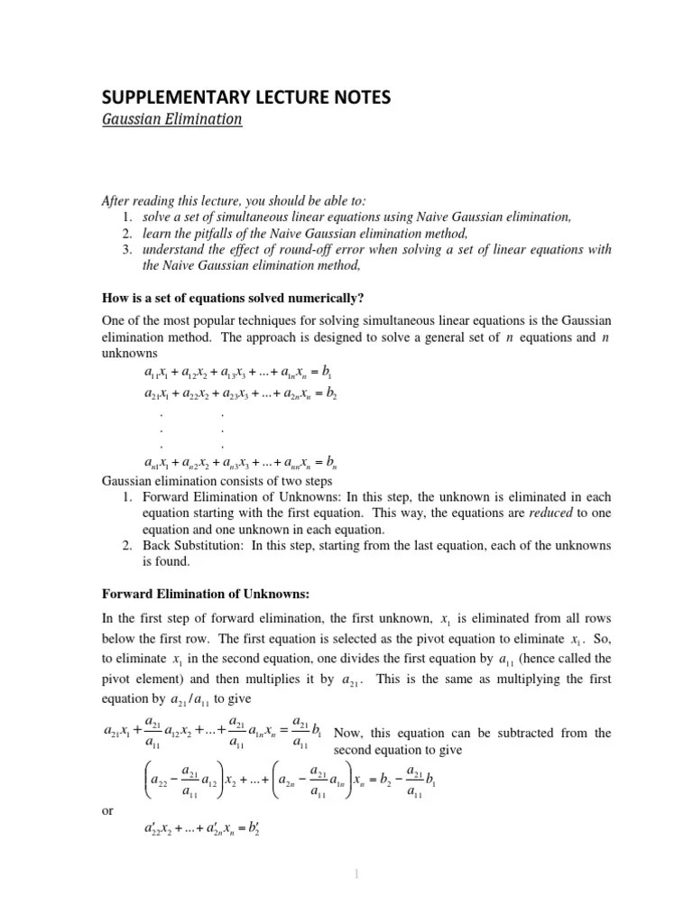Solving Simultaneous Linear Equations Using Gaussian Elimination | PDF ...