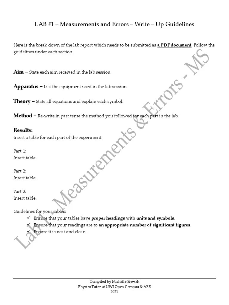 LAB 1 - Measurements And Errors Manual - Write Up Guidelines | PDF ...