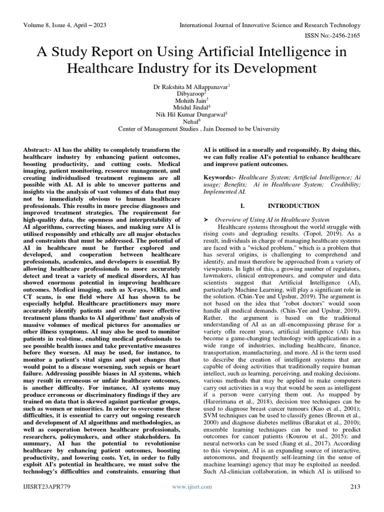 A Study Report On Using Artificial Intelligence In Healthcare Industry For Its Development | PDF