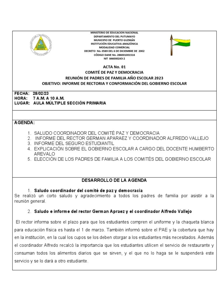 Acta O1 Gobierno Escolar 2023 | PDF