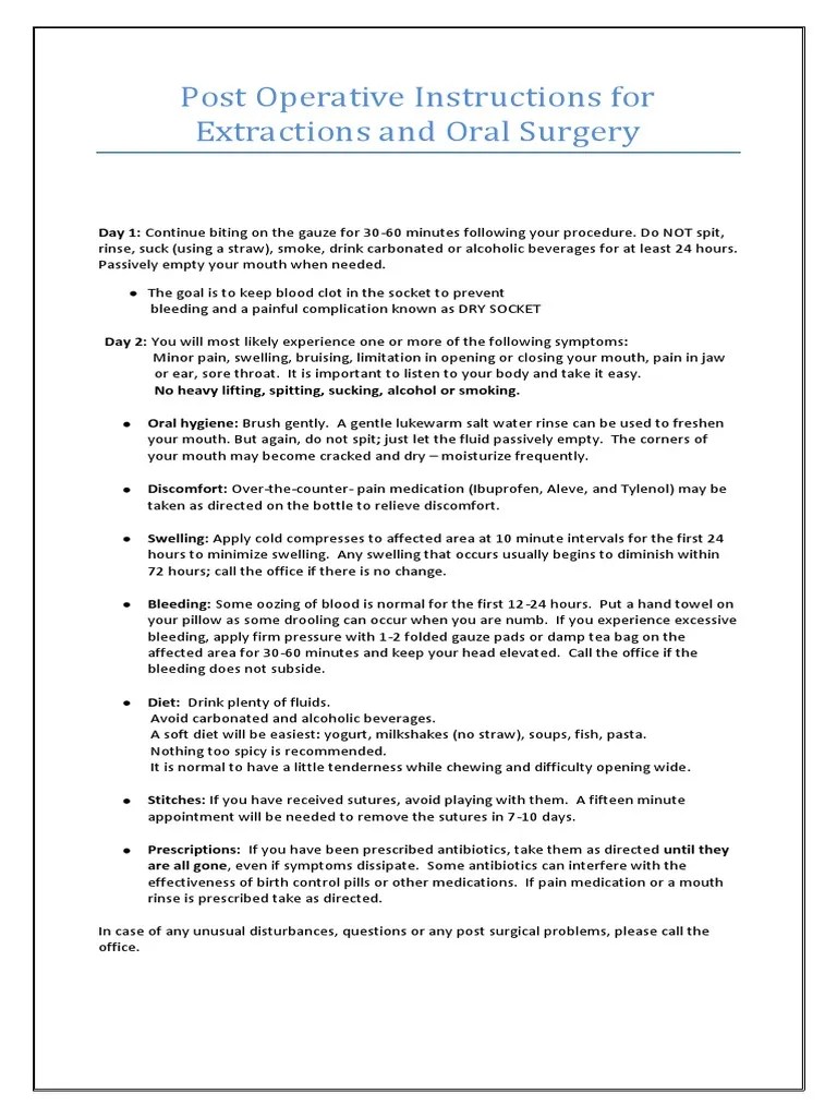 Post Operative Instructions For Extractions And Oral Surgery | PDF | Clinical Medicine | Medical ...