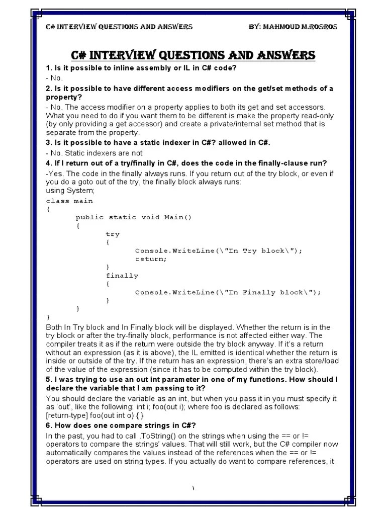 C# Interview Questions And Answers | PDF