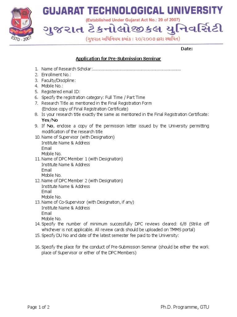 Format - Application For Pre - Submission Seminar - 426206 | PDF