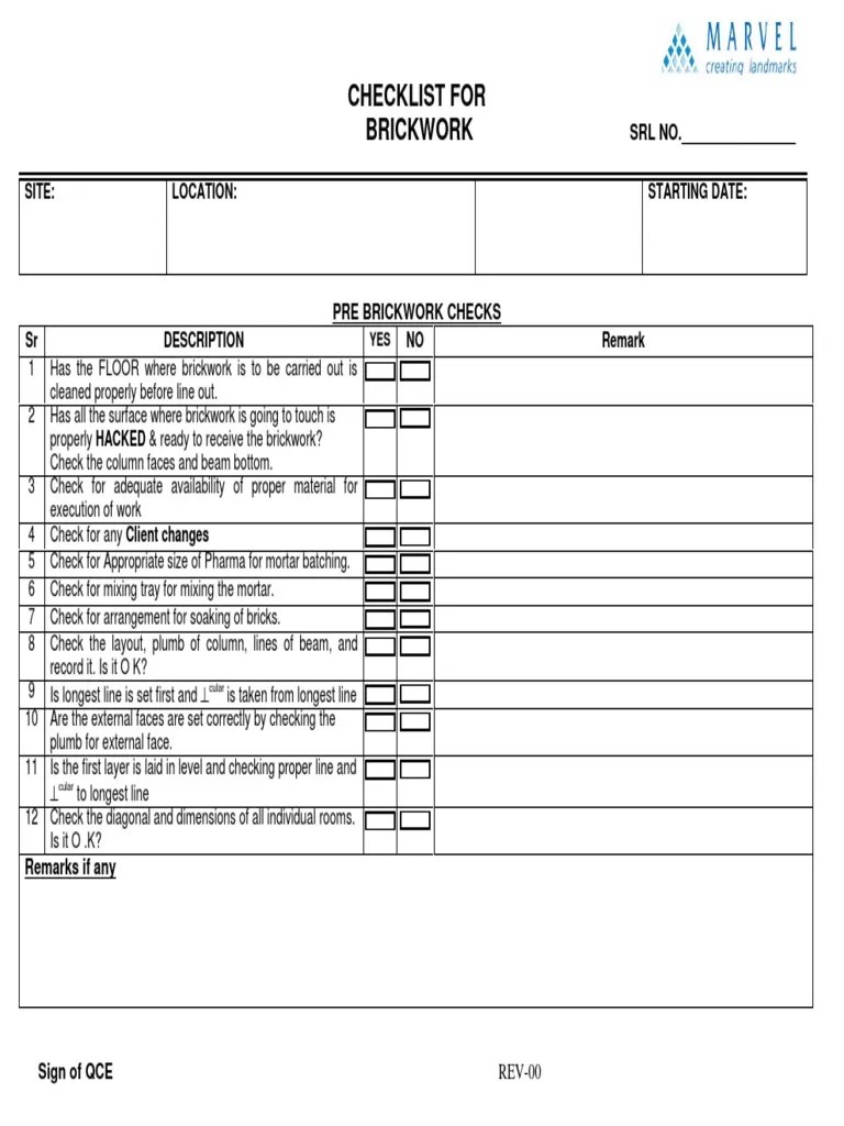 Checklist For Brickwork | Download Free PDF | Brick | Masonry