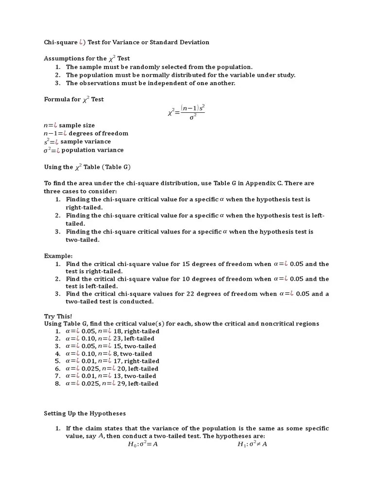 Chi-Square Test For Variance Or Standard Deviation | PDF | Chi Squared ...