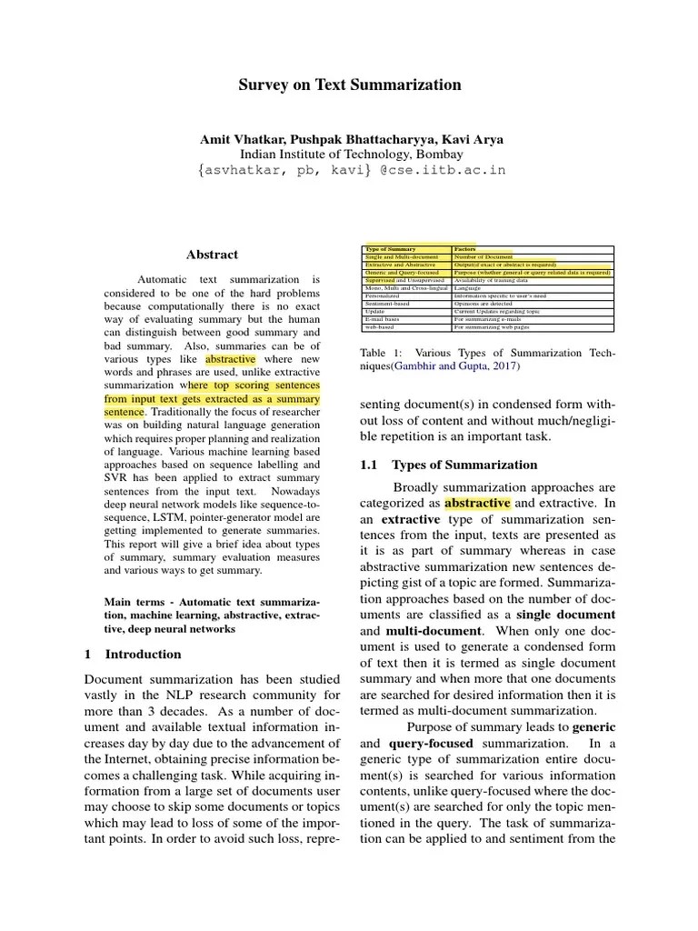 Survey On Text Summarization Techniques: A Brief Overview Of Types Of Summaries, Evaluation ...