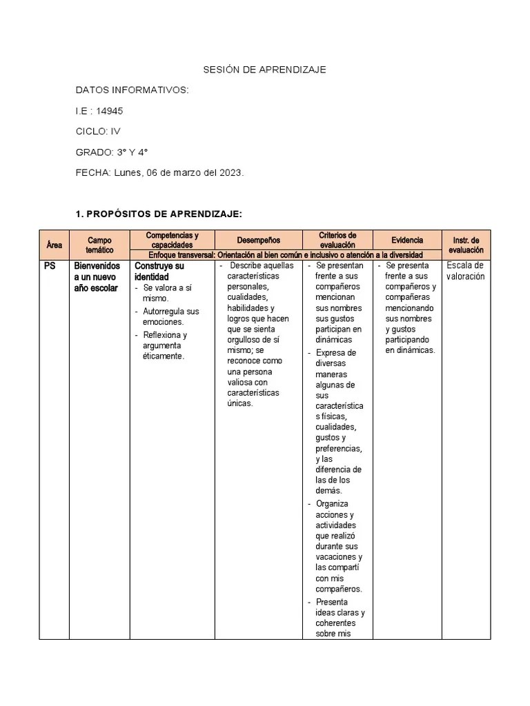 Sesión De Aprendizaje Sobre Bienvenida | PDF | Evaluación | Aprendizaje