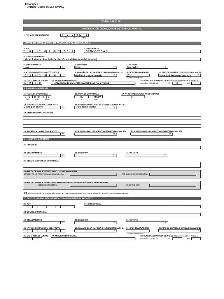 FORMULARIO 1, NOTIFICACIÓN DE ACCIDENTE DE TRABAJO MORTAL | PDF