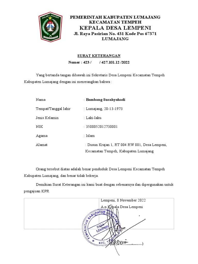 SURAT KETERANGAN TDK Bekerja | PDF